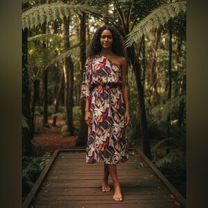 Mittoshop Women's One Shoulder Maxi Dress M Floral Boho Vacation Cottagecore